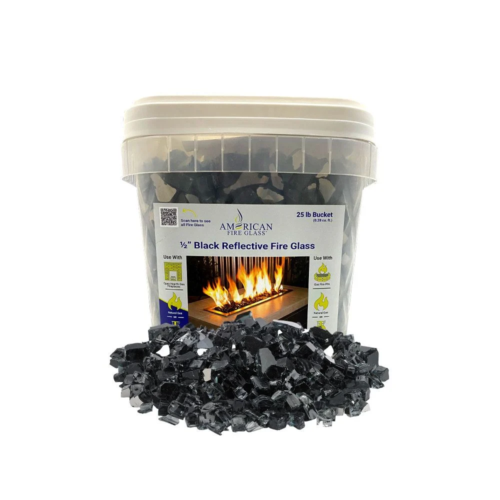 American Fireglass 1/2" Black Reflective Fire Glass (25 lbs in Bucket)