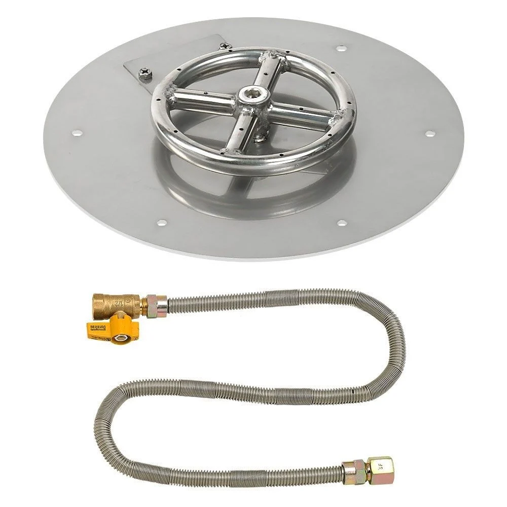 American Fireglass 12" Round Stainless Steel Flat Fire Pit Pan with Natural Gas Match Light Kit (6" Ring)