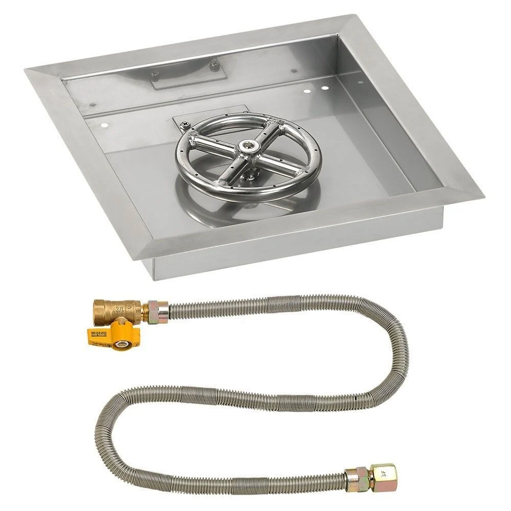 American Fireglass 12" Square Stainless Steel Drop-In Fire Pit Pan with Propane Match Light Kit 6" Ring)