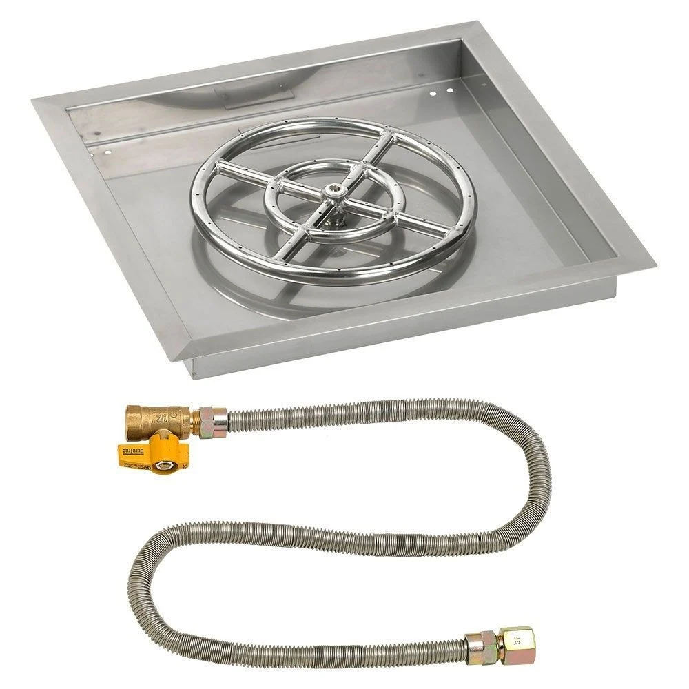 American Fireglass 18" Square Stainless Steel Drop-In Fire Pit Pan with Propane Match Light Kit (12" Ring)
