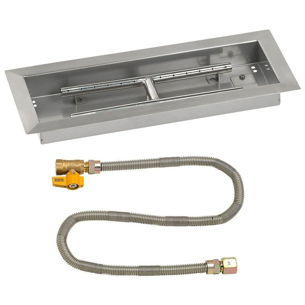 American Fireglass 18" x 6" Rectangular Stainless Steel Drop-In Fire Pit Pan with Natural Gas Match Light Kit