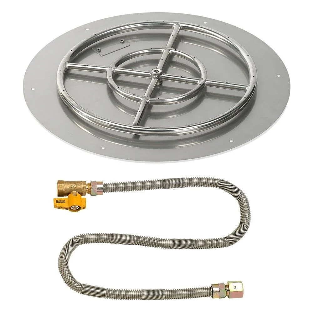 American Fireglass 24" Round Stainless Steel Flat Fire Pit Pan with Propane Match Light Kit (18" Ring)