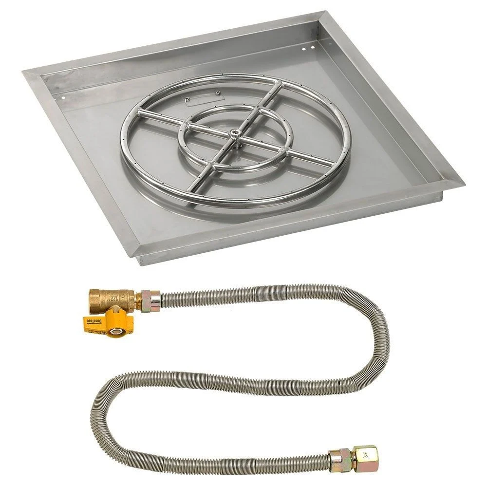 American Fireglass 24" Square Stainless Steel Drop-In Fire Pit Pan with Propane Match Light Kit (18" Ring)