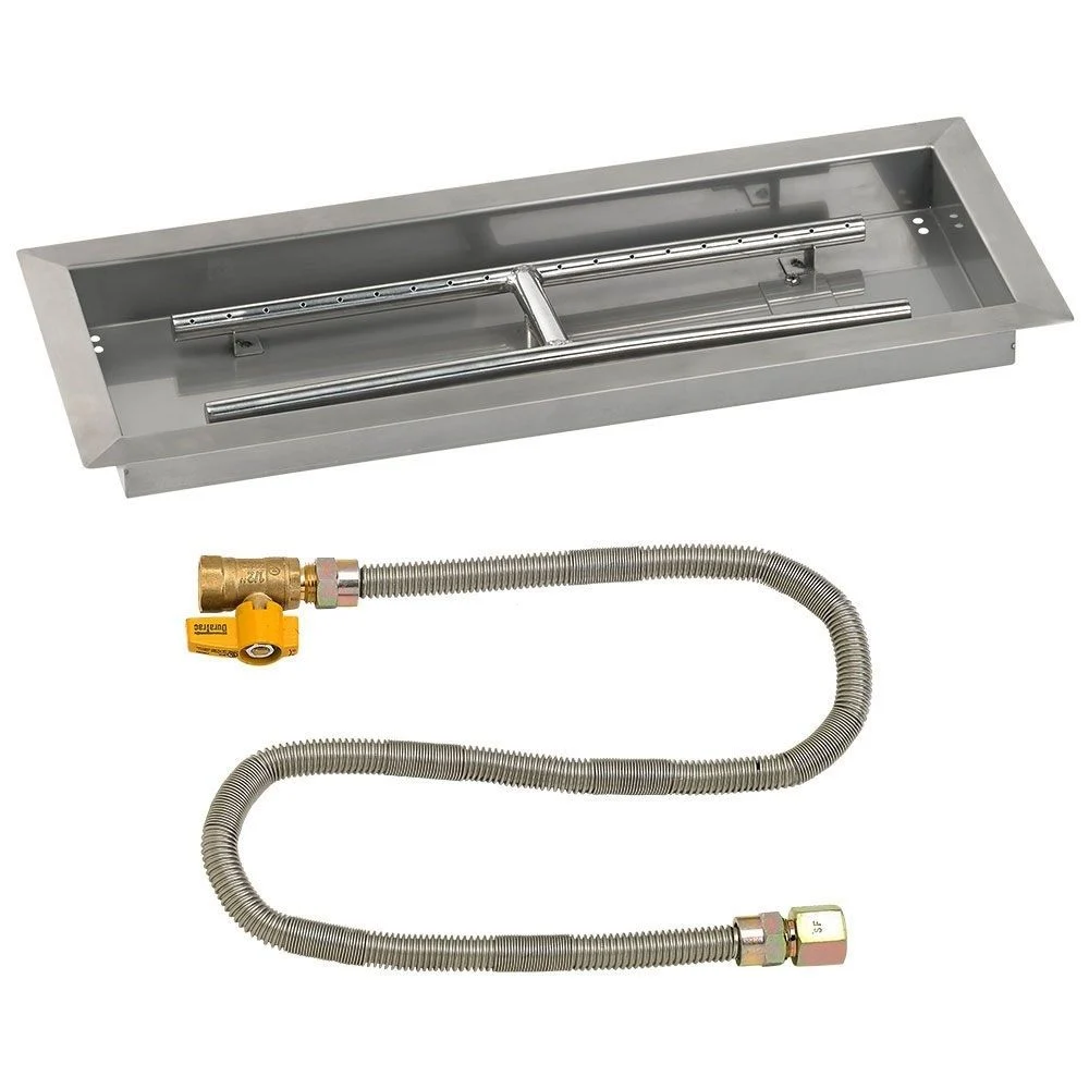 American Fireglass 24" x 8" Rectangular Stainless Steel Drop-In Fire Pit Pan with Propane Match Light Kit