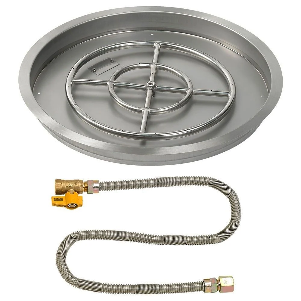 American Fireglass 25" Round Stainless Steel Drop-In Fire Pit Pan with Propane Match Light Kit (18" Ring)