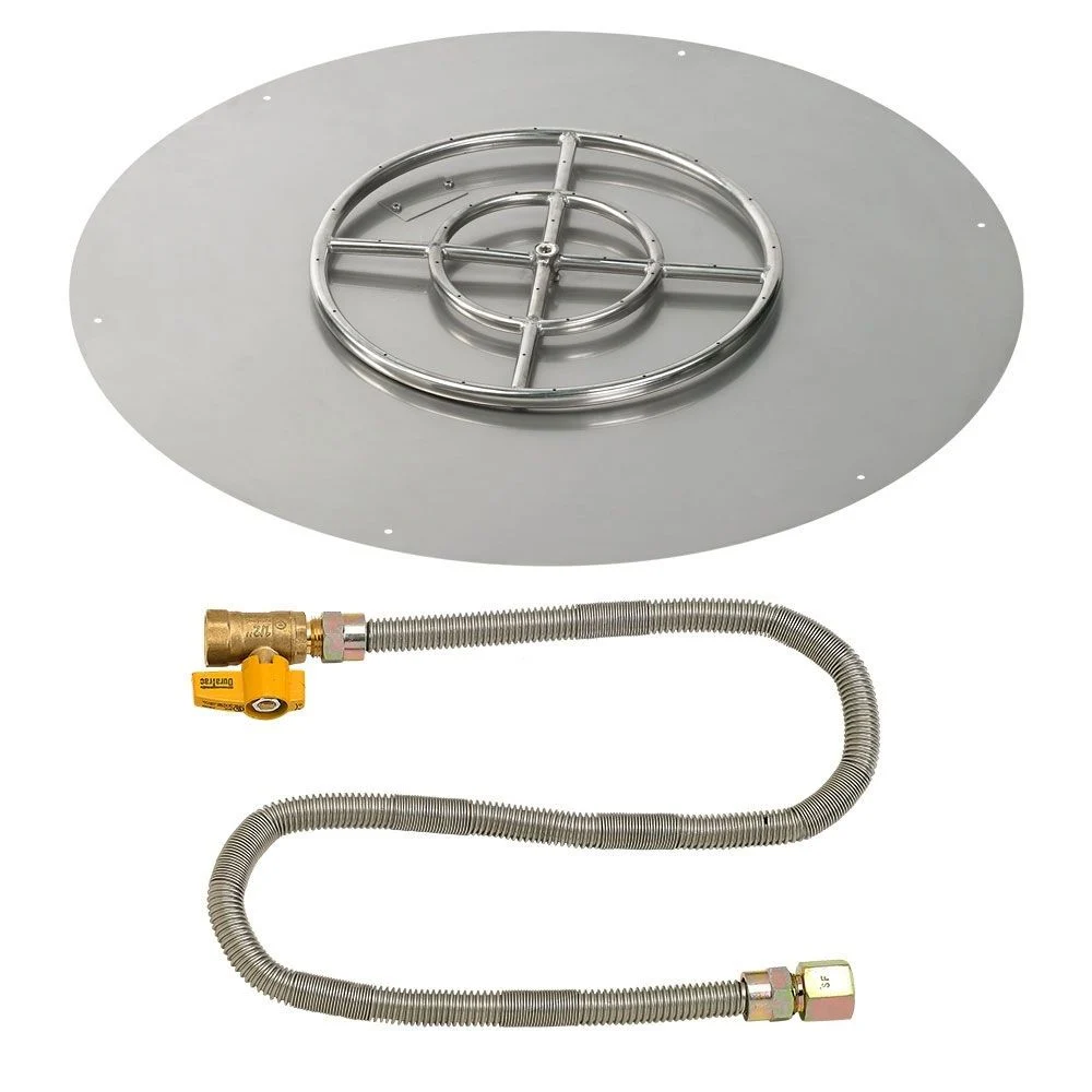 American Fireglass 30" Round Stainless Steel Flat Fire Pit Pan with Natural Gas Match Light Kit (18" Ring)