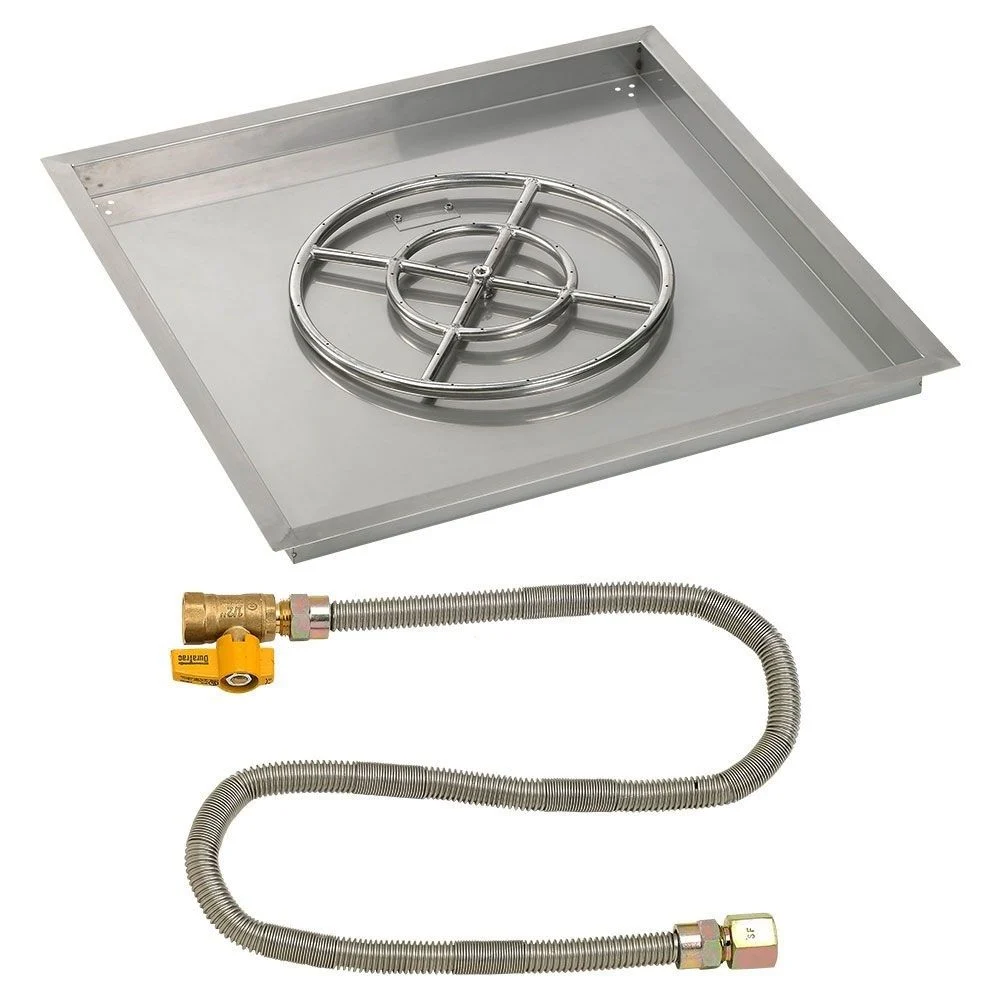 American Fireglass 30" Square Stainless Steel Drop-In Fire Pit Pan with Propane Match Light Kit (18" Ring)