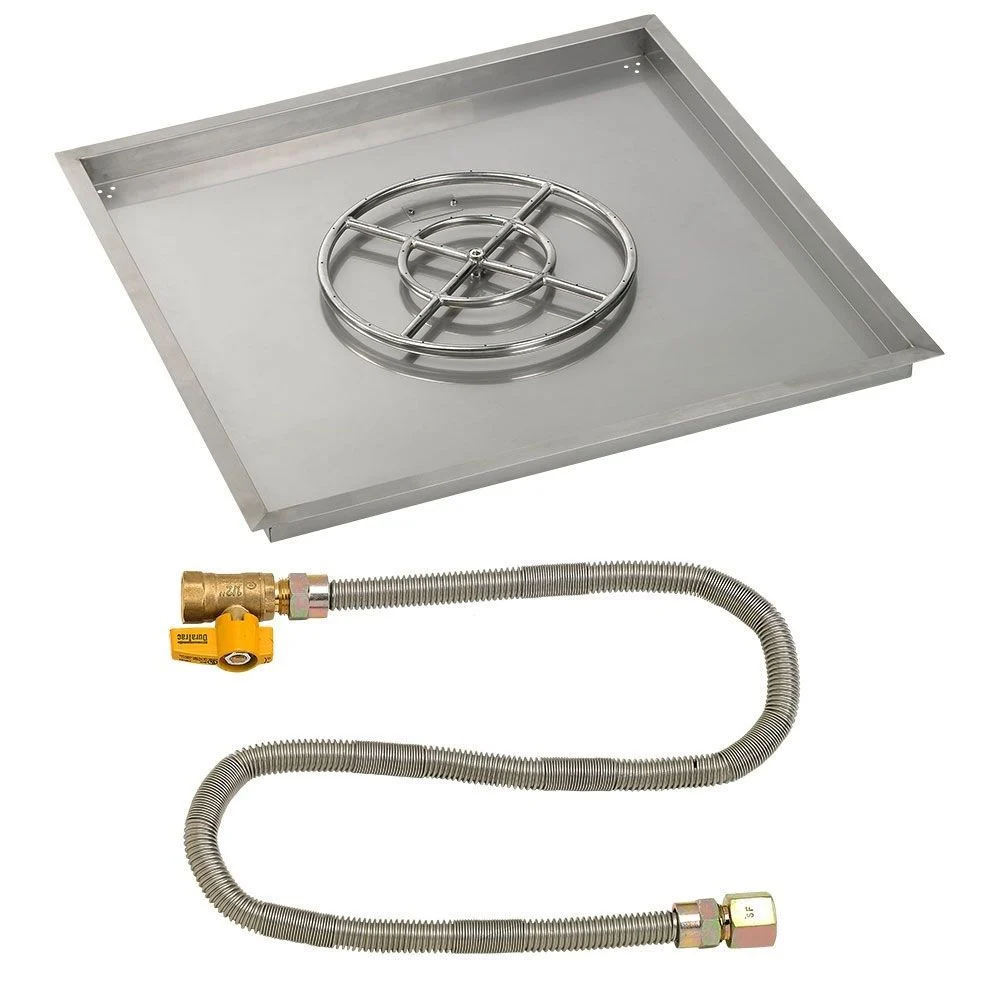 American Fireglass 36" Square Stainless Steel Drop-In Fire Pit Pan with Propane Match Light Kit (18" Ring)