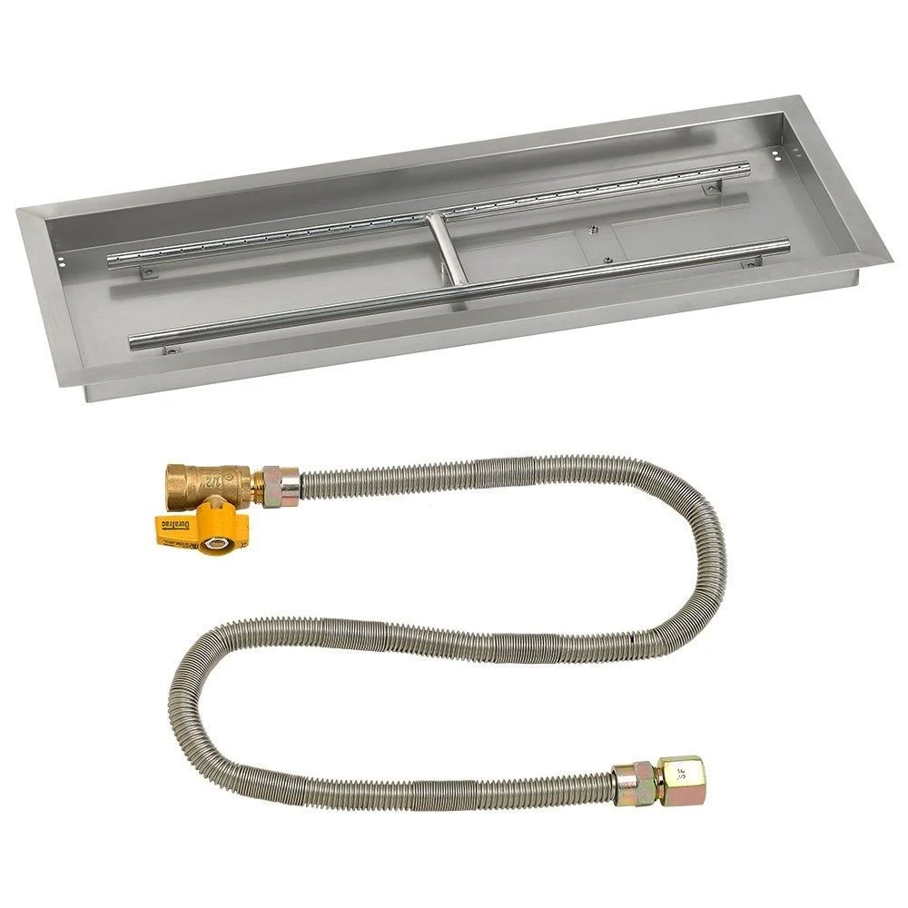 American Fireglass 36" x 12" Rectangular Stainless Steel Drop-In Fire Pit Pan with Natural Gas Match Light Kit