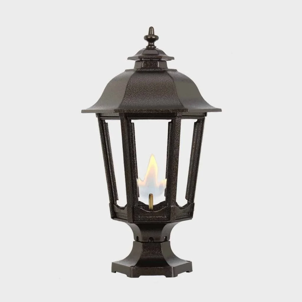 American Gas Lamp Works Bavarian 1200R 14" Timeless Black Residential Pier Mount Aluminum Propane Gas Lamp With Dual Inverted Gas Mantle Light Assembly, Frosted Tempered Glass Panes and Loop Finial