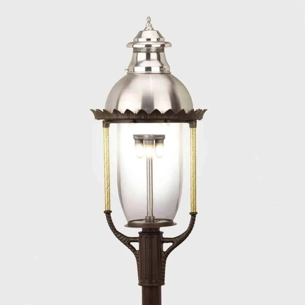 American Gas Lamp Works Boulevard 3600H 18" Weather Green Estate Post Mount Aluminum Propane Gas Lamp With Dual Inverted Gas Mantle Light Assembly, Polycarbonate Globe, Ventilator, Spun Aluminum Dome, and Brass Side Arms