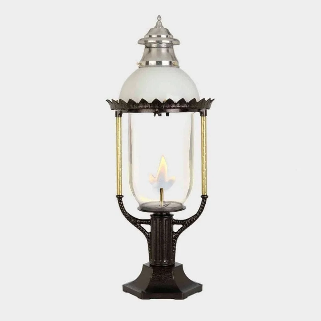 American Gas Lamp Works Boulevard 3600R 18" Weather Green Estate Pier Mount Aluminum Propane Gas Lamp With Dual Inverted Gas Mantle Light Assembly, Polycarbonate Globe, Ventilator, Spun Aluminum Dome, and Brass Side Arms