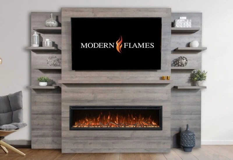 Modern Flames Driftwood Gray Allwood Media Wall System With Side Shelves for Orion Slim 60" Fireplace