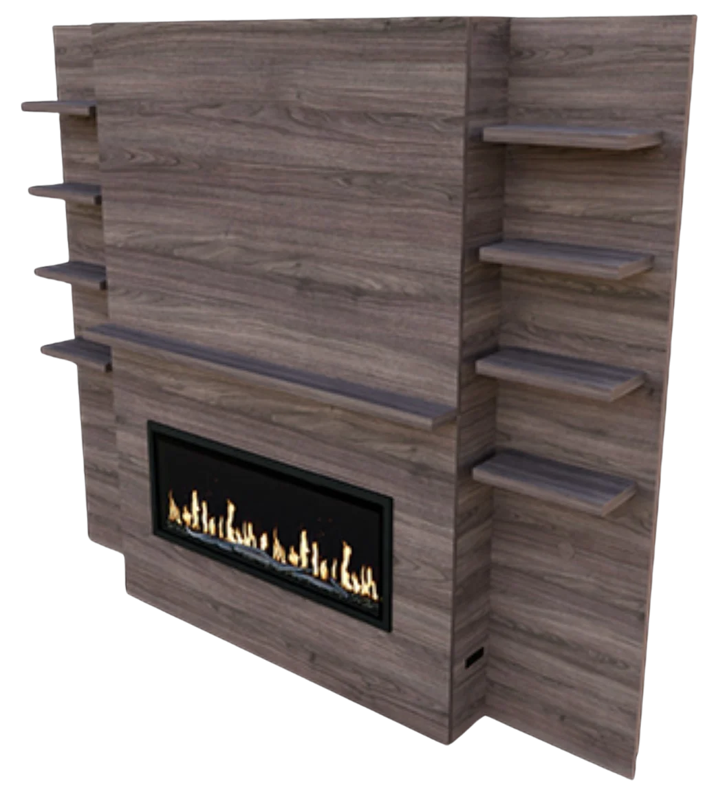 Modern Flames Weathered Walnut Allwood Media Wall System With Side Shelves for Orion Slim 60" Fireplace