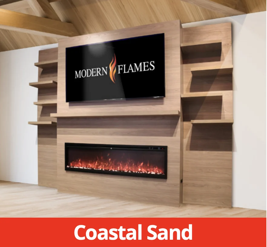 Modern Flames Coastal Sand Allwood Media Wall System With Side Shelves for Orion Slim 60" Fireplace