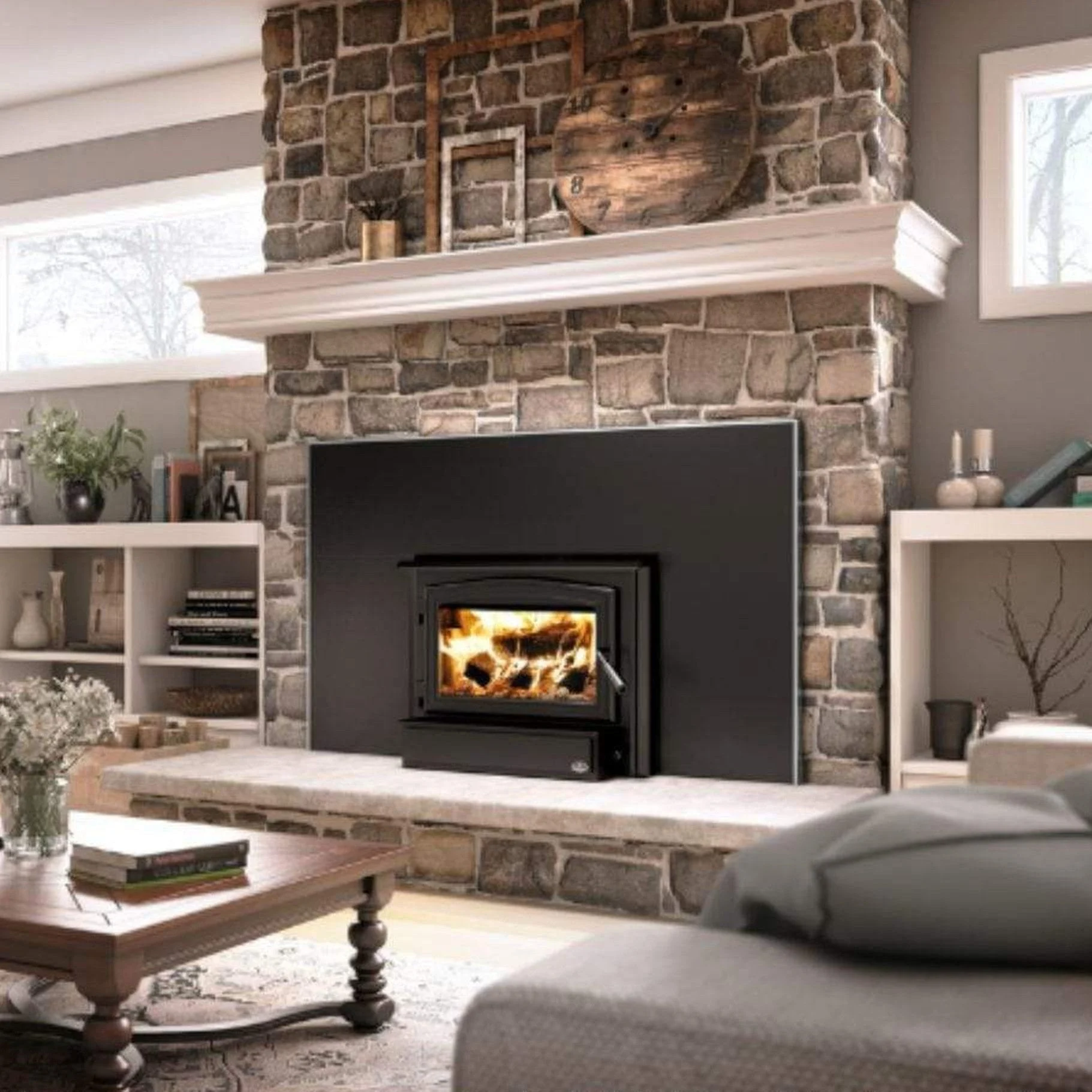 Osburn 1700 Wood Insert With Black Door Overlay, Large Faceplate & Brushed Nickel Faceplate Trims