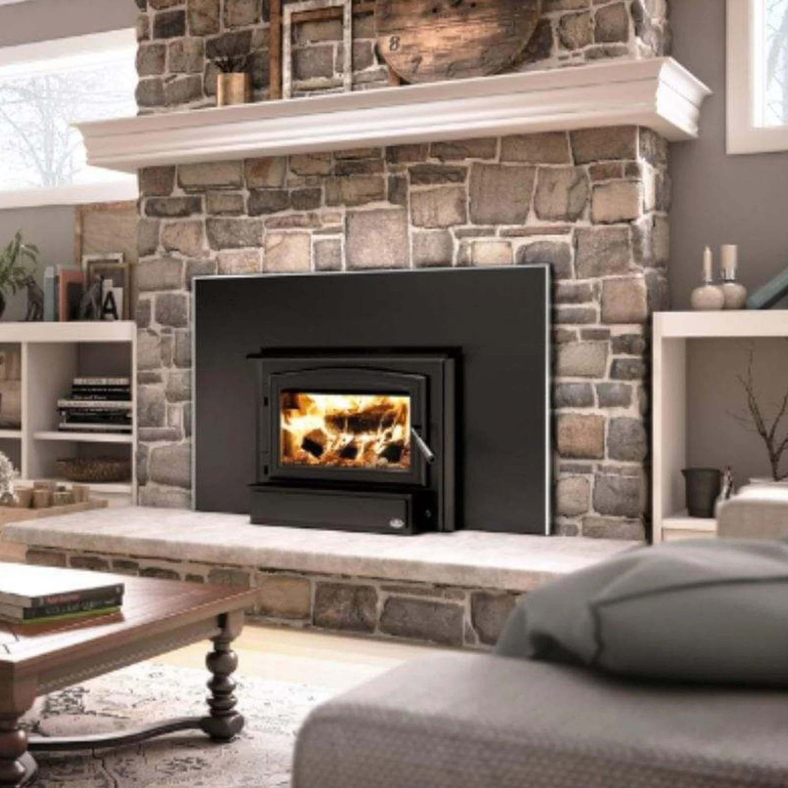 Osburn 1700 Wood Insert With Black Door Overlay, Faceplate & Brushed Nickel Large Faceplate Trims