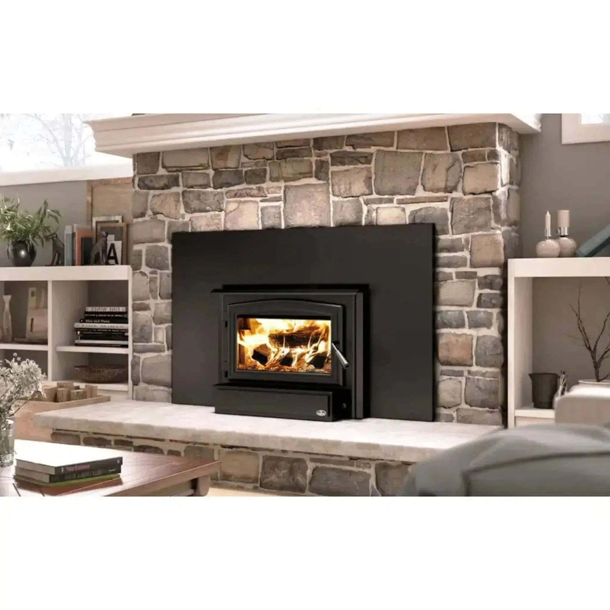 Osburn 1700 Wood Insert With Black Door Overlay, Large Faceplate & Brushed Nickel Large Faceplate Trims