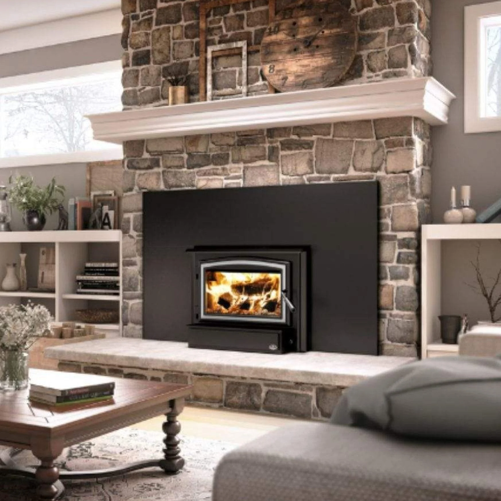 Osburn 1700 Wood Insert With Brushed Nickel Door Overlay, Faceplate & Black Faceplate Trims