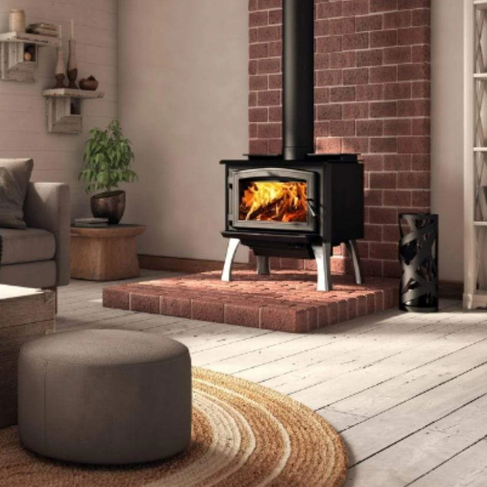 Osburn 1700 Wood Stove With Black Door Overlay & Brushed Nickel Cast Iron Straight Legs With Ash Drawer