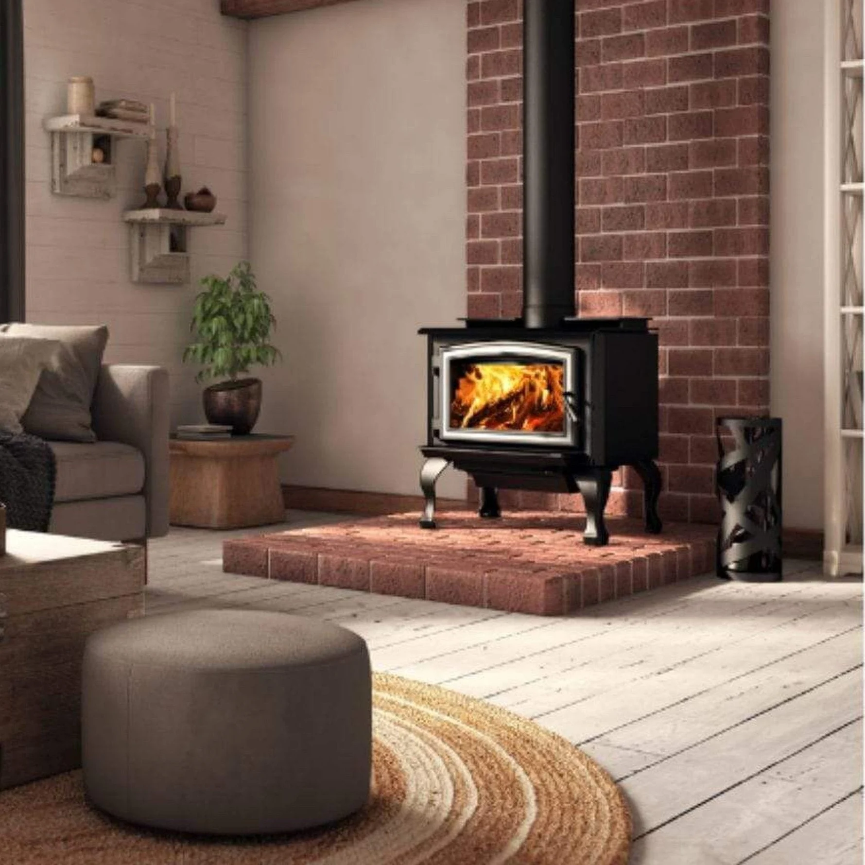 Osburn 1700 Wood Stove With Brushed Nickel Door Overlay & Black Cast Iron Traditional Legs With Ash Drawer