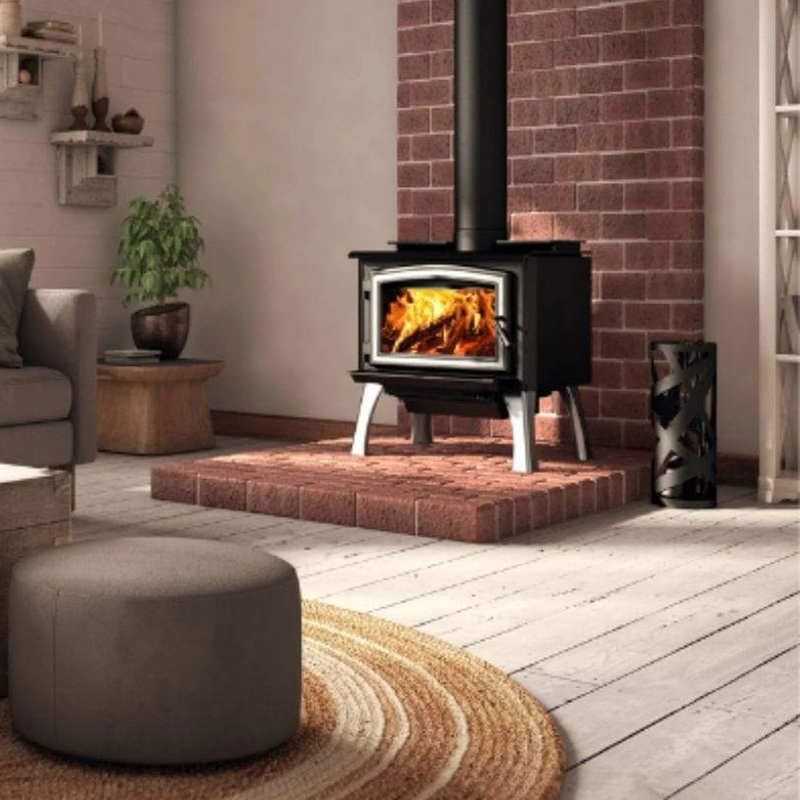 Osburn 1700 Wood Stove With Brushed Nickel Door Overlay & Brushed Nickel Cast Iron Straight Legs With Ash Drawer