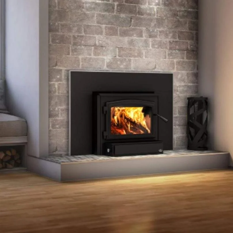 Osburn 2000 Wood Insert With Black Door Overlay, Faceplate, Brushed Nickel Faceplate Trims & Forever Flex Liner Kit