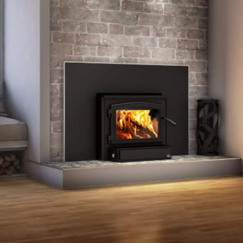 Osburn 2000 Wood Insert With Black Door Overlay, Large Faceplate, Brushed Nickel Faceplate Trims & Forever Flex Liner Kit