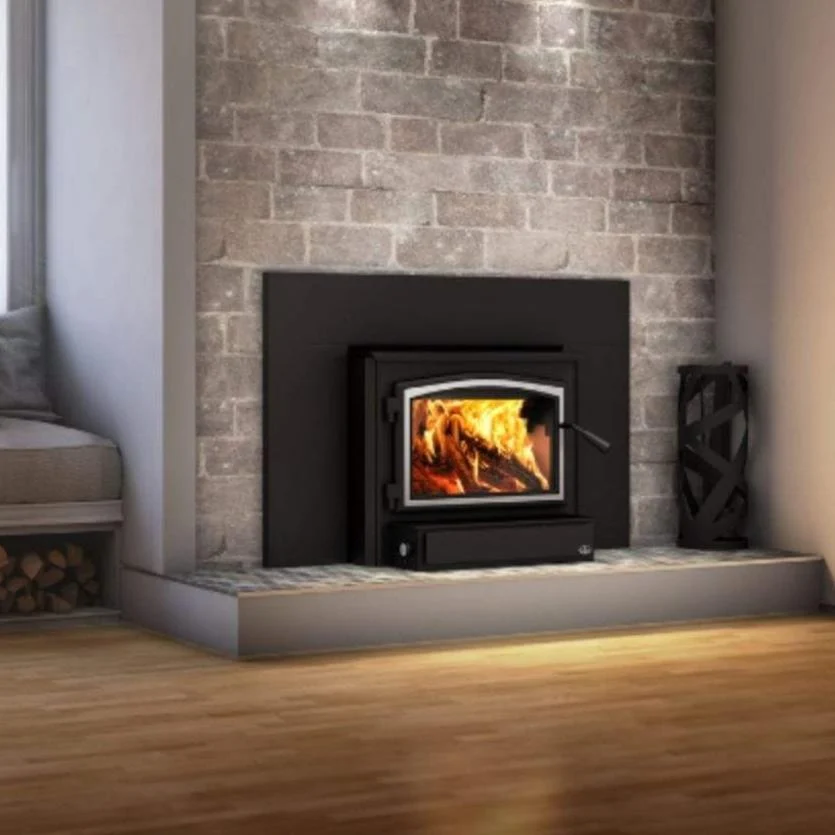 Osburn 2000 Wood Insert With Brushed Nickel Door Overlay, Faceplate, Black Faceplate Trims & Forever Flex Liner Kit