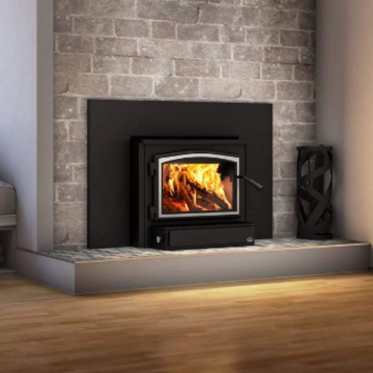 Osburn 2000 Wood Insert With Brushed Nickel Door Overlay, Faceplate & Black Large Faceplate Trims