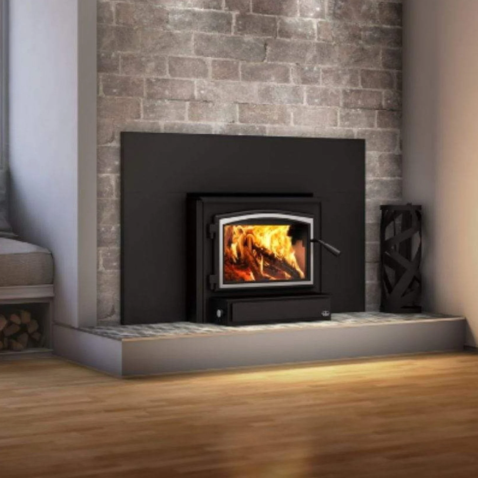 Osburn 2000 Wood Insert With Brushed Nickel Door Overlay, Large Faceplate & Black Faceplate Trims
