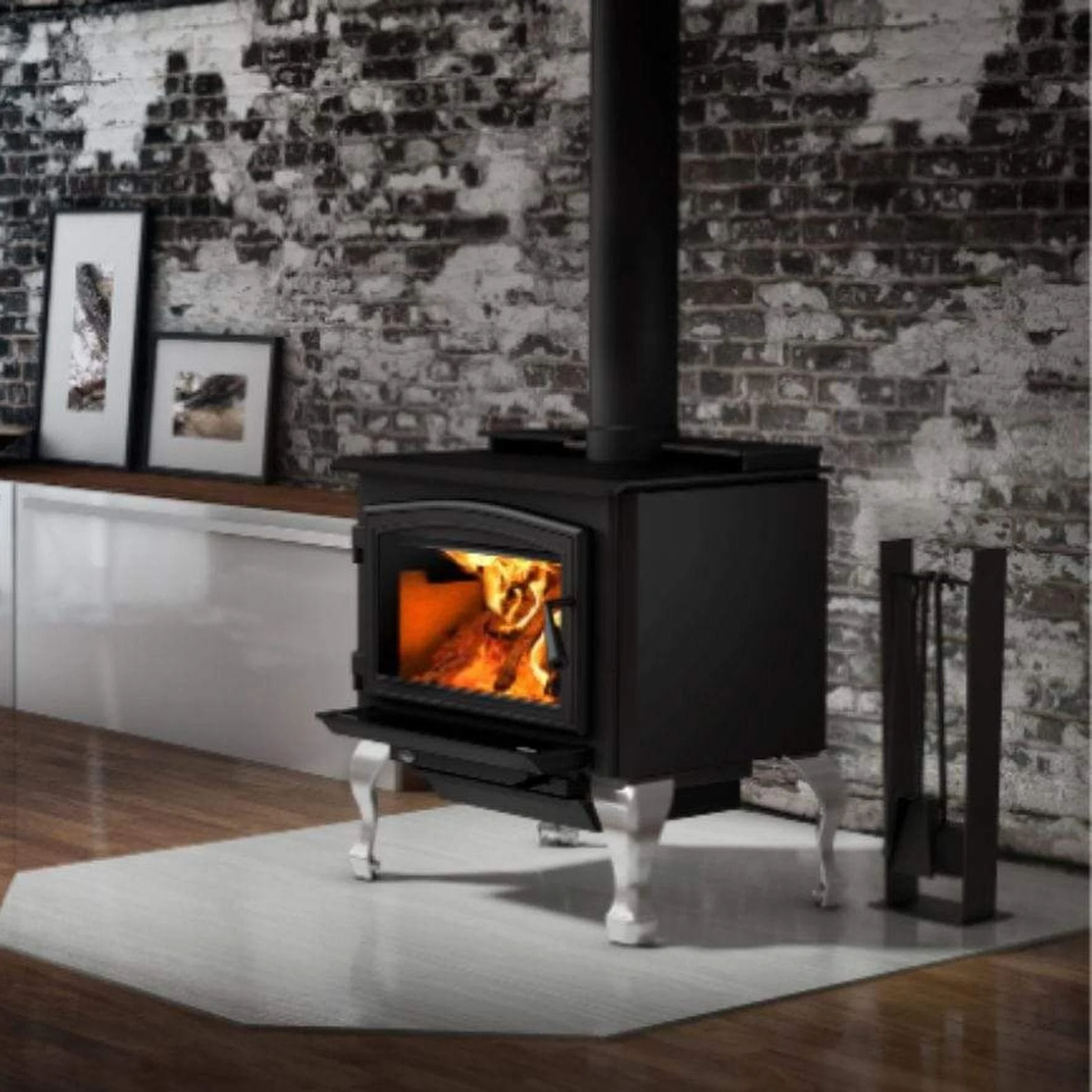 Osburn 2000 Wood Stove With Black Door Overlay & Brushed Nickel Cast Iron Traditional Legs With Ash Drawer