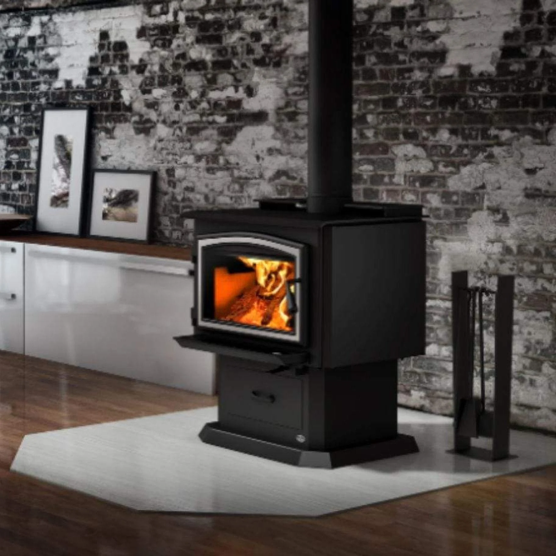Osburn 2000 Wood Stove With Brushed Nickel Door Overlay & Pedestal With Ash Drawer