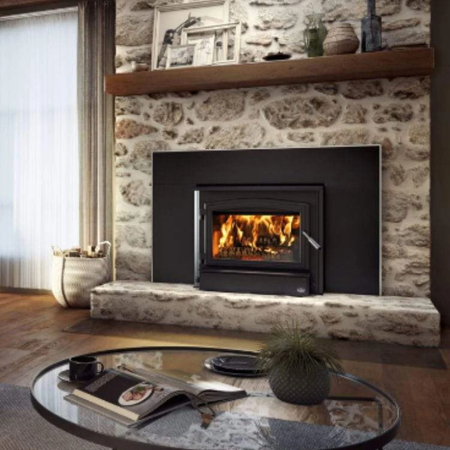 Osburn 3500 Wood Insert With Black Door Overlay, Large Faceplate & Brushed Nickel Faceplate Trims