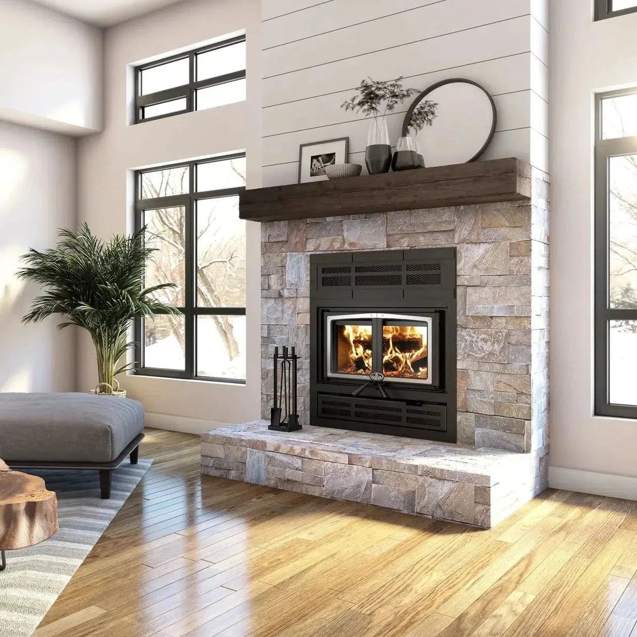 Osburn Everest II Wood Fireplace With Brushed Nickel Door Overlay & Modern Faceplate
