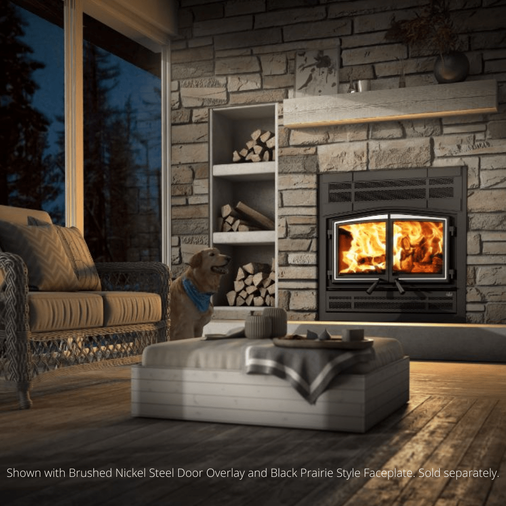 Osburn Stratford II Wood Fireplace With Brushed Nickel Door Overlay, Modern Faceplate & 4 Length of 6" x 36" Chimney
