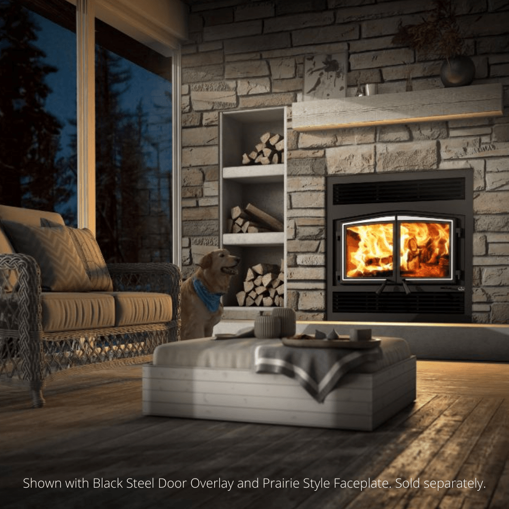 Osburn Stratford II Wood Fireplace With Brushed Nickel Door Overlay, Traditional Faceplate & 4 Length of 6" x 36" Chimney