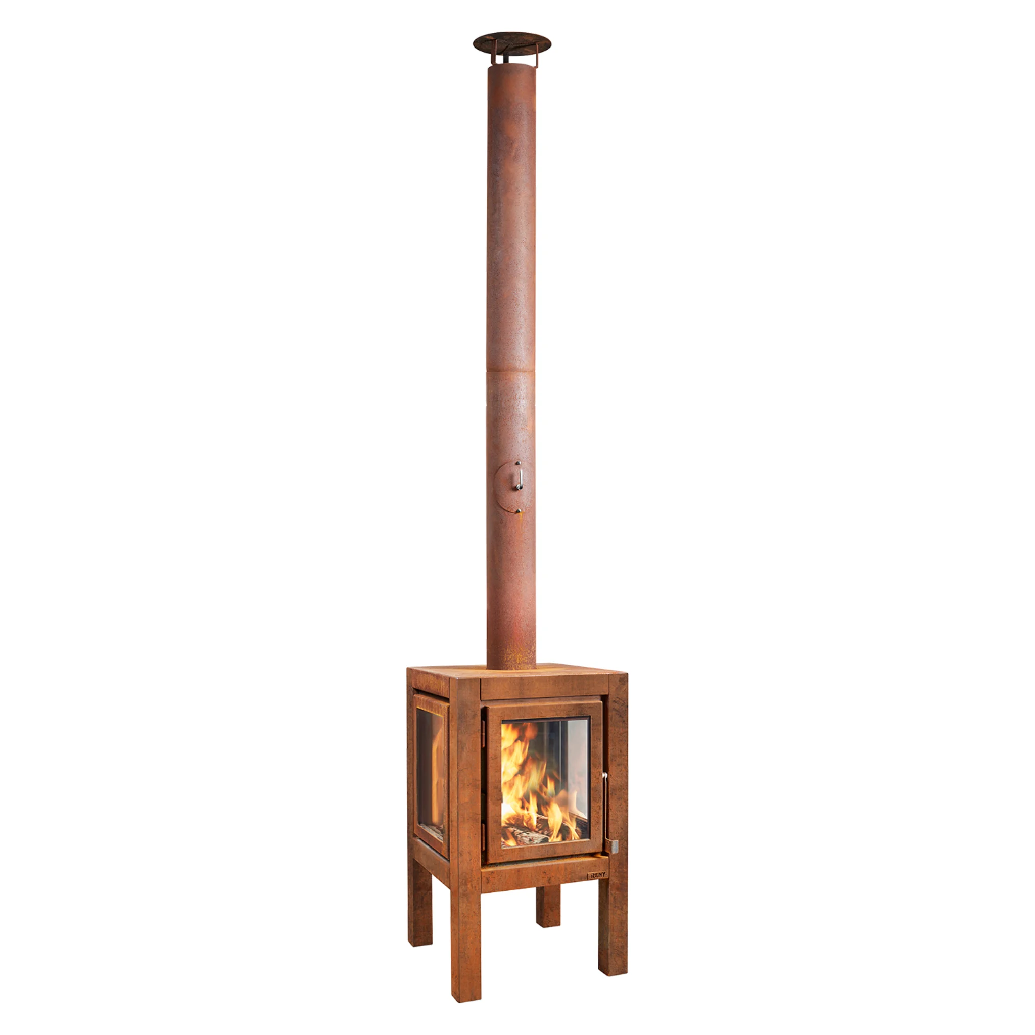 RB73 Quaruba XL MOBILE 4-Sided Glass Warm Brown CorTen Steel Wood-Burning Outdoor Fireplace