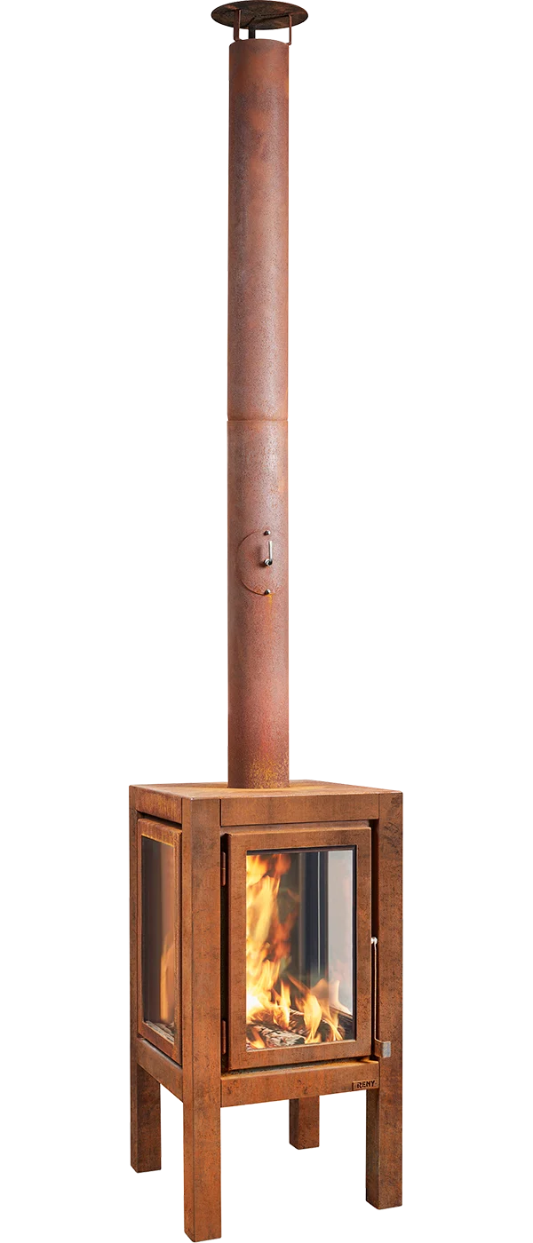 RB73 Quaruba XXL MOBILE 4-Sided Glass Warm Brown CorTen Steel Wood-Burning Outdoor Fireplace