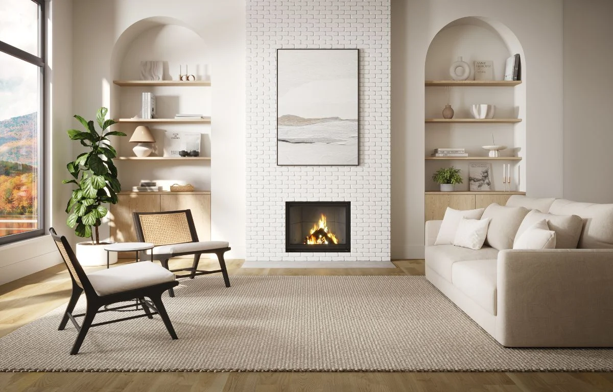 Valcourt Antoinette Decorative Wood Fireplace With Contemporary Moulded Refractory Brick Panels & Straight Masonry Finishing Trim