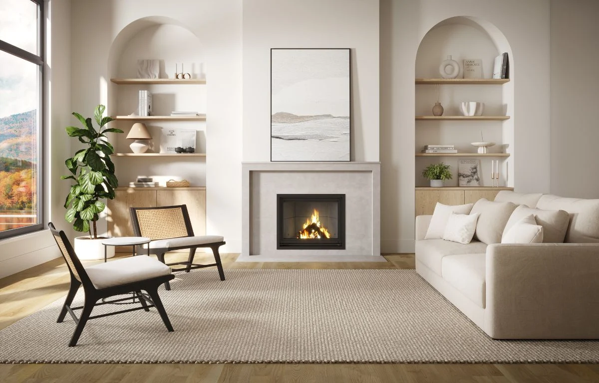 Valcourt Antoinette Decorative Wood Fireplace With Contemporary Moulded Refractory Brick Panels & Straight Narrow Overlap Finishing Trim