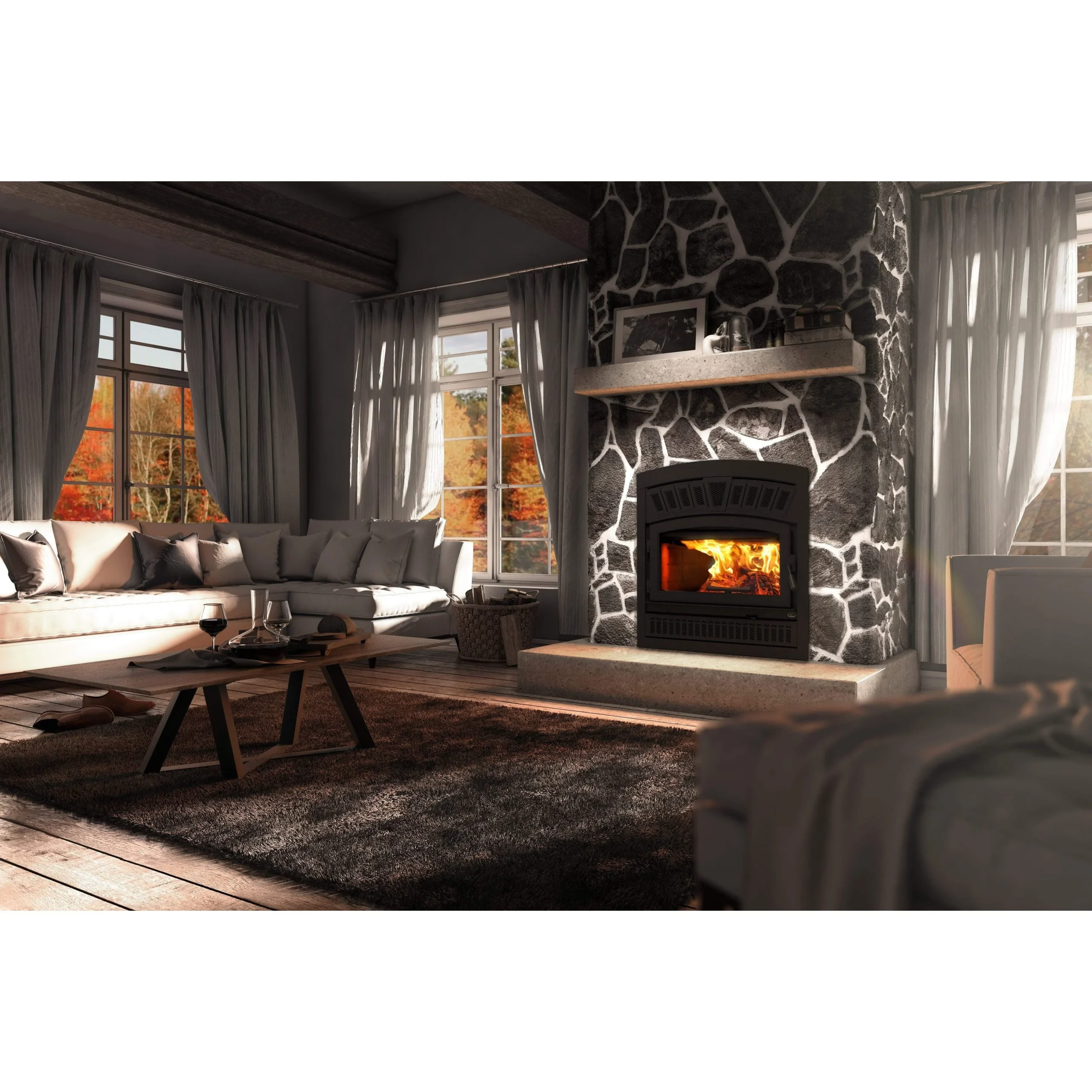 Valcourt Lafayette II Wood Fireplace With Black Door Overlay, Black Arched Faceplate, & Crown Style Faceplate Louver