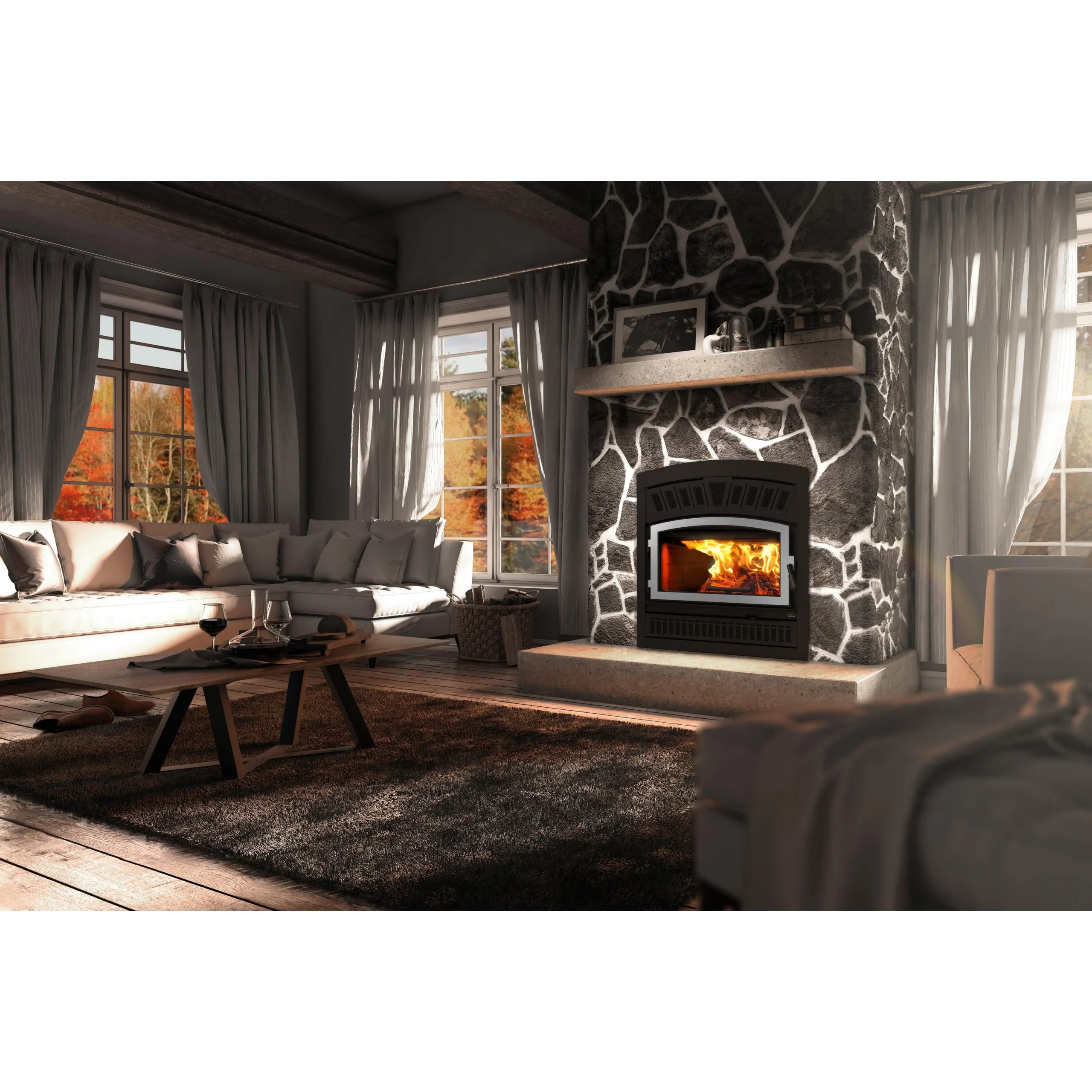 Valcourt Lafayette II Wood Fireplace With Brushed Nickel Door Overlay, Black Arched Faceplate, & Crown Style Faceplate Louver