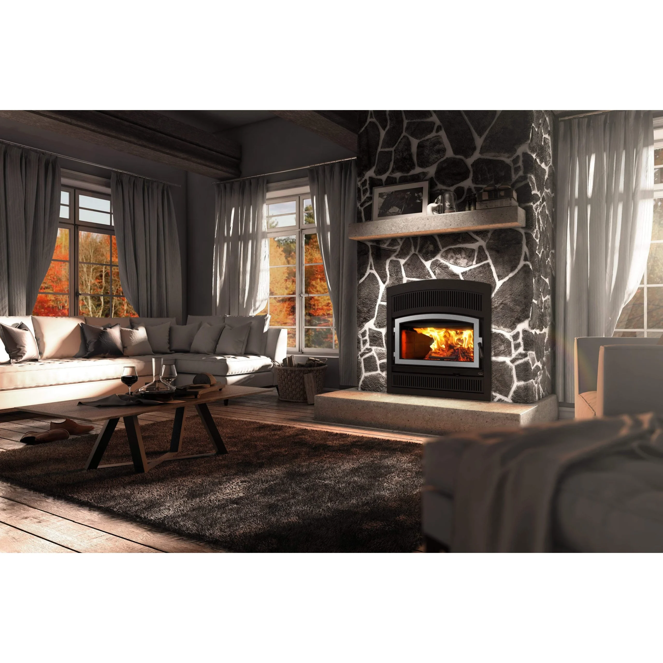 Valcourt Lafayette II Wood Fireplace With Brushed Nickel Door Overlay, Black Arched Faceplate, & Urban Style Faceplate Louver