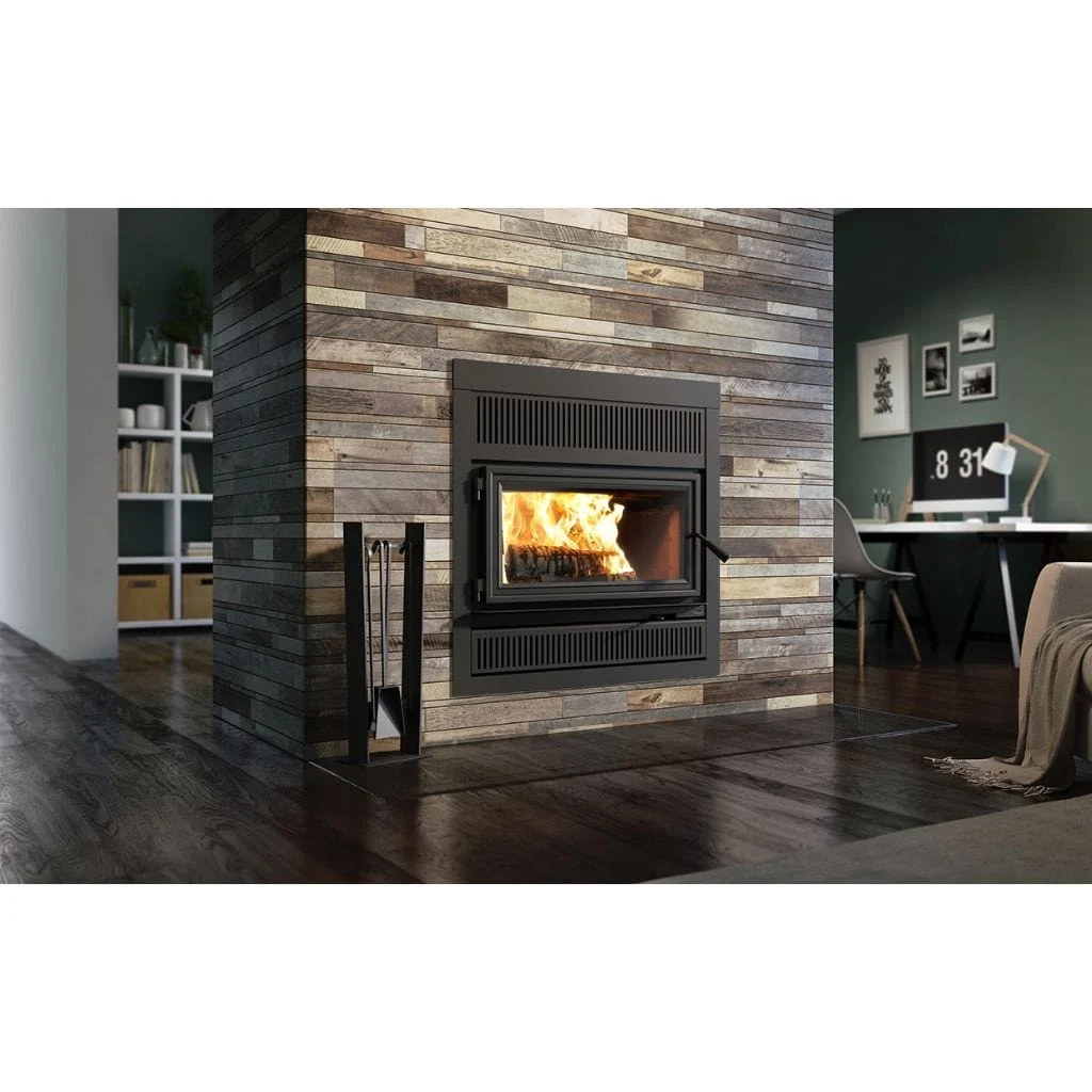 Valcourt Lafayette IIS Wood Fireplace With Black Door Overlay, Black Square Faceplate, & Urban Style Faceplate Louver