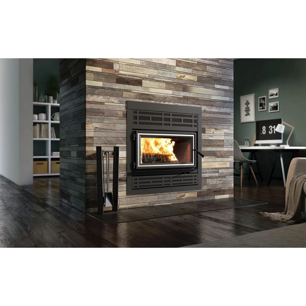 Valcourt Lafayette IIS Wood Fireplace With Brushed Nickel Door Overlay, Black Square Faceplate, & Mission Style Faceplate Louver