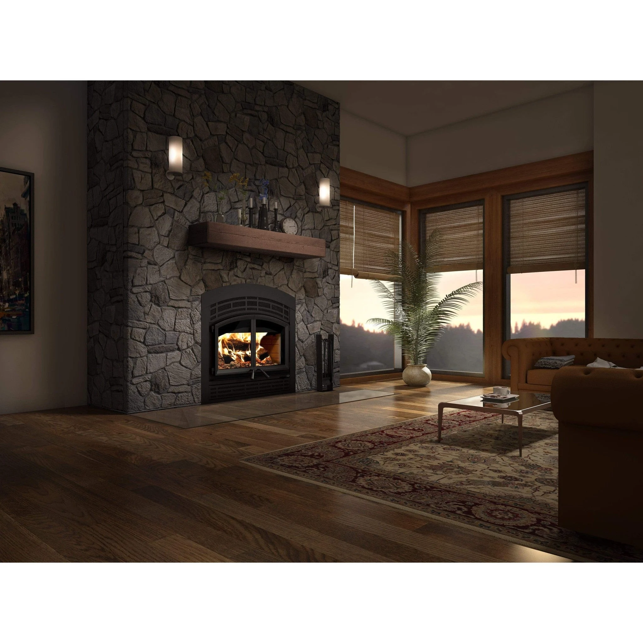 Valcourt Waterloo Wood Fireplace With Black Arched Faceplate, Classic Moulded Brick Panels, & Mission Style Faceplate Louver
